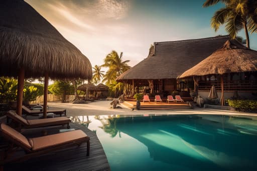 Lodge sous toit de chaume au bord de la piscine